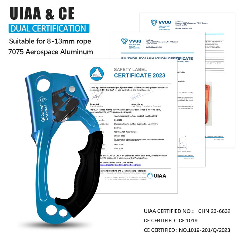 صاعد يدوي معتمد من CamNAL UIAA & CE لحبل 8-13 مم، مشبك حبل لتسلق الصخور، تسلق الأشجار، المشجر، معدات رابيلينج - اليد اليمنى باللون الأزرق - Image 2